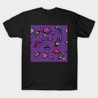 Cute Planets And Rocket Kids Pattern Seamless T-Shirt